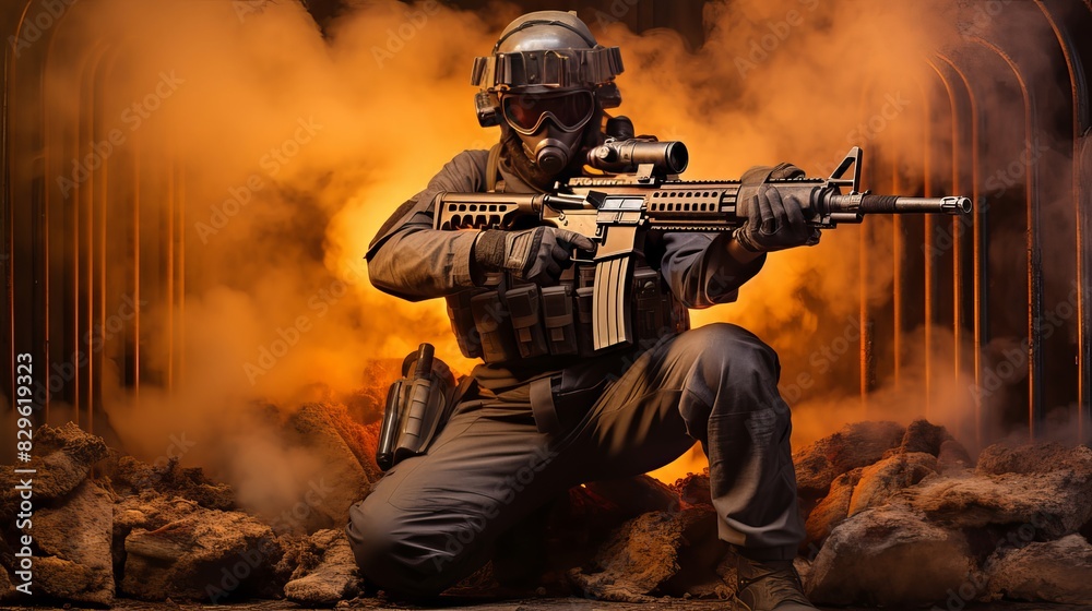 An army soldier sitting full active uniform holding modern riffle helmet in action battlefield war operation conflict or shooting game concept fire smoke background