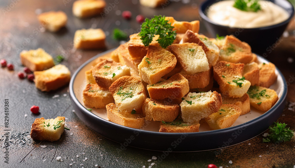 Homemade baked crispy croutons and sauce. Bruschetta crackers. Tasty bread snack. Delicious food. Homemade baked crispy croutons and sauce. Bruschetta crackers. Tasty bread snack. Delicious food.