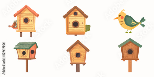 Cute wooden birdhouse set vector illustration on a white background