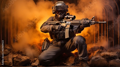 Obraz na płótnie An army soldier sitting full active uniform holding modern riffle helmet in action battlefield war operation conflict or shooting game concept fire smoke background w salonie