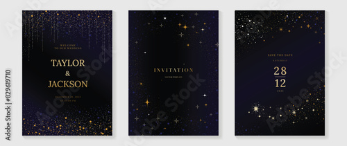 Elegant invitation card design vector. Luxury wedding card with firework, glitter spot texture on dark blue background. Design illustration for cover, poster, wallpaper, gala, VIP, happy new year.
