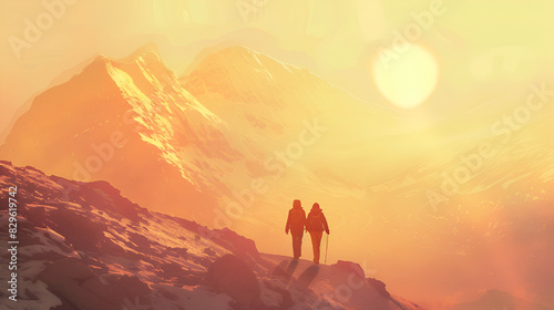 Couple of people standing on top of a mountain with sunset scenery love adventure beauty background 