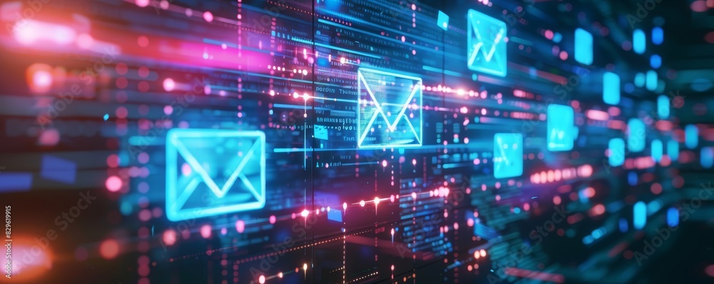 Digital email communication concept with glowing icons and data flowing in a futuristic network background representing technology and connectivity. Digital email communication concept with glowing icons and data flowing in a futuristic network background representing technology and connectivity.