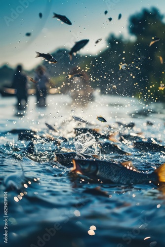 Fishermen catch fish while fishing. Selective focus.