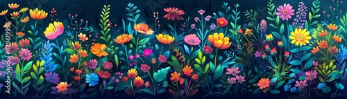 Bright and colorful floral artwork featuring various flowers and foliage, perfect for spring and summer themes and background designs.