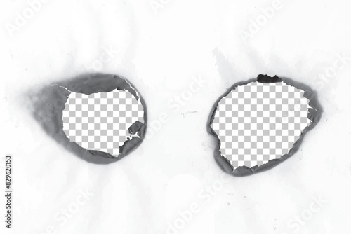 Realistic holes burn in paper with brown edges and flames isolated on transparent background