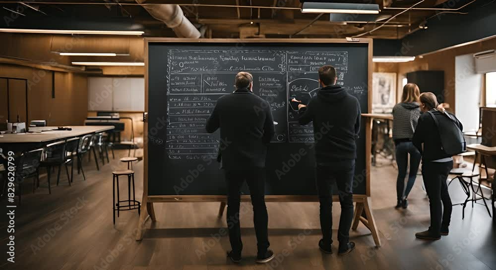 Office workers writing on a whiteboard. Office workers writing on a whiteboard.