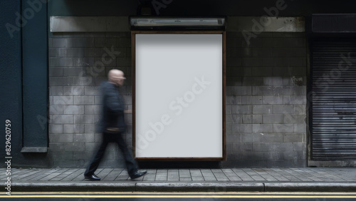 Outdoor blank billboard sign board poster with people passing by. 