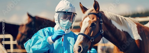 A veterinarian in a protective suit takes tests on animals on a farm. Selective focus.