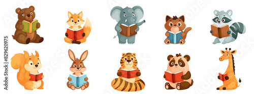 Adorable Cartoon Animals Reading Books. Cute Illustrations of Bear, Fox, Elephant, Raccoon, and More Engaged in Reading. Perfect for Educational Materials, Childrens Books, and Literacy Campaigns.