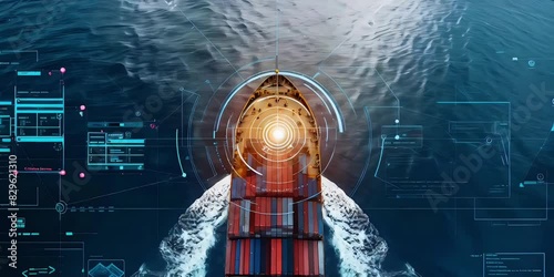 top view of a cargo ship with vessel cruising in deep dark sea, Container ship, international shipping concept