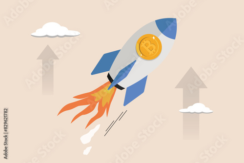 Bitcoin price skyrocket hit record high, cryptocurrency investors get rich, bitcoin prices soared high, fast rocket ships holding physical bitcoin coins fly high through space clouds.