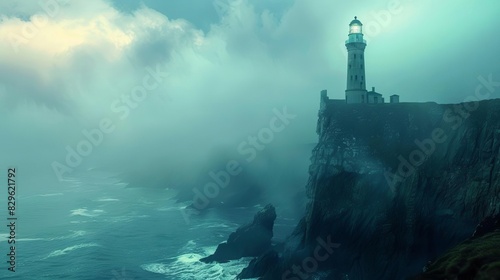 Misty lighthouse on a cliff overlooking the ocean at dusk. The foggy atmosphere creates an eerie and mysterious mood.