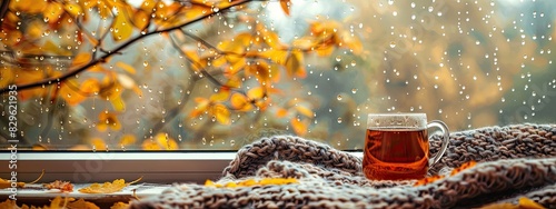 A cup of tea against the background of a wet autumn window. Selective focus.
