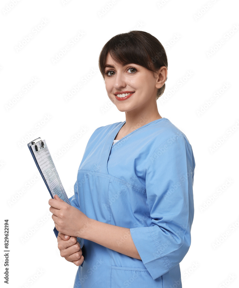 Portrait of smiling medical assistant with clipboard on white background Portrait of smiling medical assistant with clipboard on white background