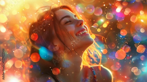Portrait of a joyful woman surrounded by colorful bokeh lights, radiating happiness and warmth.