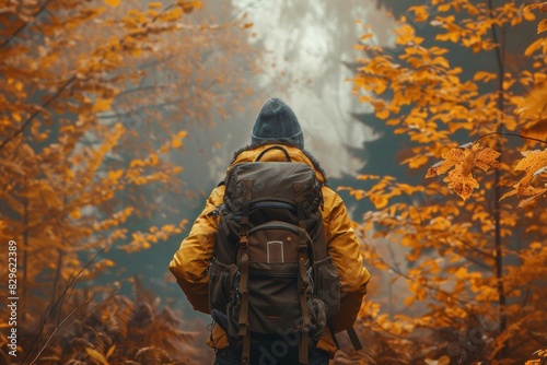 Person with backpack exploring autumn forest trail surrounded by vibrant fall foliage  embracing nature and adventure.
