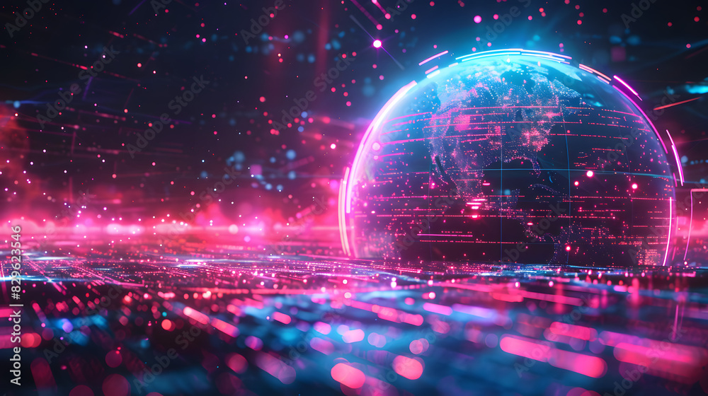 Fototapeta premium Metaverse digital world cyber space background, neon colorful global world in cyber space, future energy power technology and internet connection concept