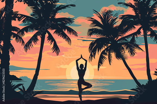 Vibrant colors of the sunset backdrop this peaceful scene of a silhouette performing yoga among palm trees  imparting a sense of calm and oneness with nature