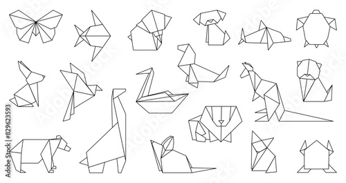 Line origami elements. Different polygonal birds and animals, decorative geometric logos. Lion, kangaroo swan and butterfly, decent vector set