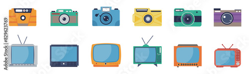 Retro television set. Vintage media technologies, old tv elements with screens and photo cameras. Photography studio digital equipment, decent vector icons
