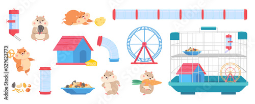 Hamster equipment. Cartoon hamsters, cage tools for playing, eating, drinking and training. Fatty fluffy domestic pets, run wheel, seeds nowaday vector clipart