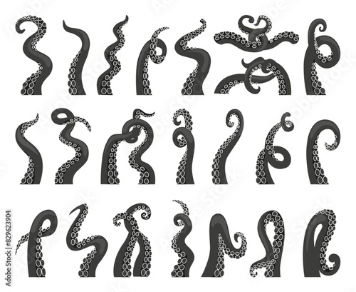 Black octopus tentacles. Kraken octopuses tentacle, squid sea body parts. Monochromatic ocean animal details, cartoon neoteric vector icons