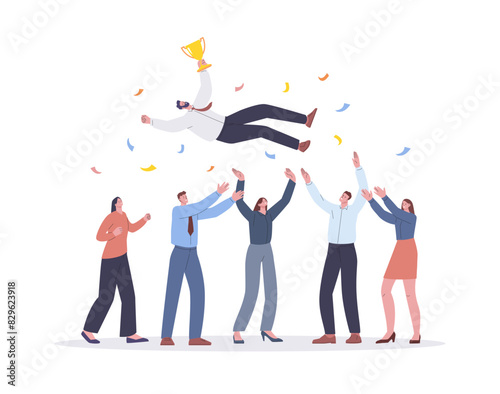 Team tossing boss. Business characters and man with golden cup in air. People celebrating victory, leadership and partnership kicky vector concept