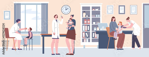 Children vaccination scene. Kids and medical staff, doctors and nurses in hospital room doing injections. Clinical staff vaccinating, kicky vector concept