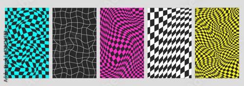 Psychedelic checkerboard backgrounds set with warped wavy grid tile. Twisted checkered seamless geometric pattern in groovy y2k style. Color chessboard posters with distortion effect, optical illusion