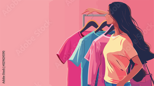 Woman taking stylish t-shirt from rack on pink background