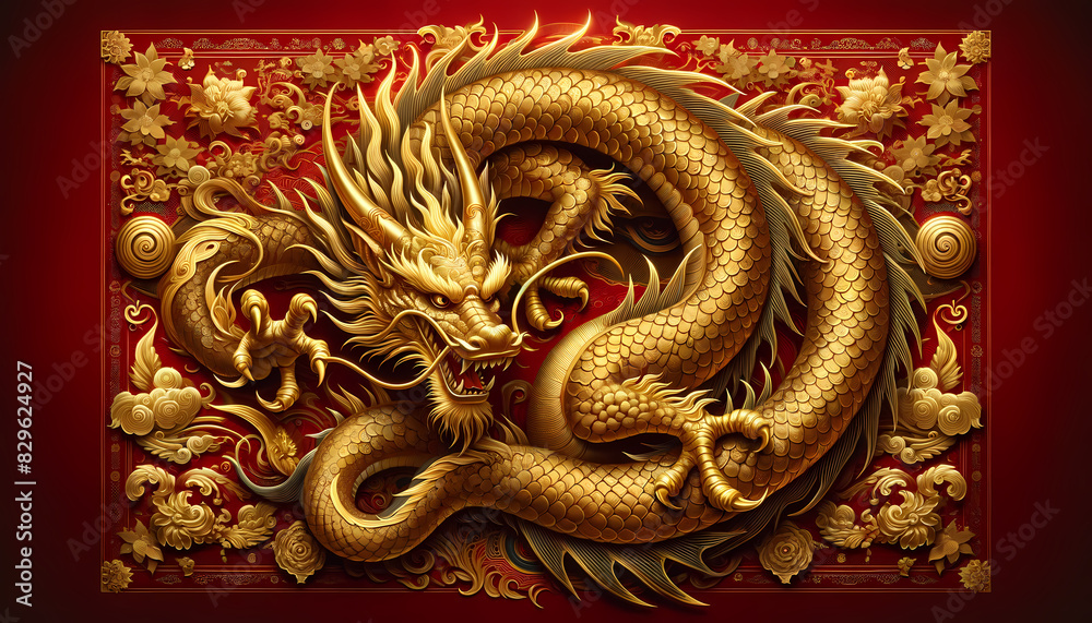 A stunning image of a golden dragon intricately designed against a rich red background, adorned with detailed floral patterns A stunning image of a golden dragon intricately designed against a rich red background, adorned with detailed floral patterns