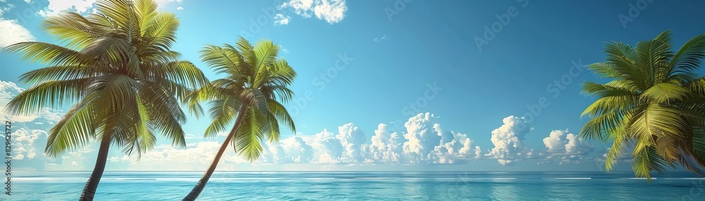 Fototapeta premium Scenic tropical beach with palm trees, clear blue sky, and calm ocean. Perfect vacation destination for relaxation and paradise seekers.