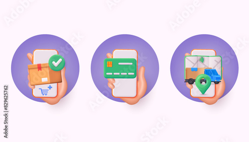 Online Store Guide Collection. Online delivery phone concept. Fast respond delivery package shipping on mobile. 3D web Vector Illustrations.