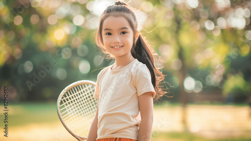 Tennis Ready: Smiling Girl with Racket in Outdoor Setting © 대연 김