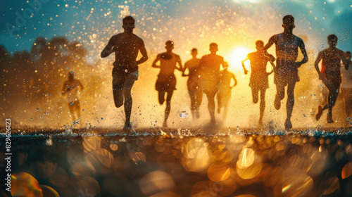 A group of people running a marathon at sunset on a blur background