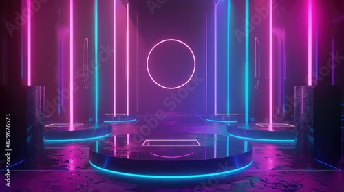 abstract backgound video game of esports scifi gaming cyberpunk, virtual reality simulation and metaverse, scene stand pedestal stage, 3d illustration rendering, banner for product demonstration