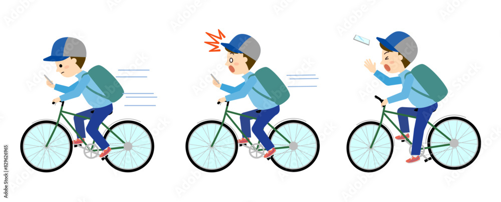 Fototapeta premium スマホを見ながら自転車に乗る男性 事故