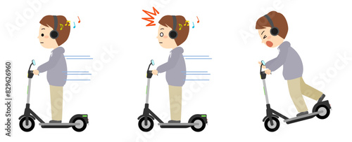 音楽を聴きながら電動キックボードに乗る男性　事故