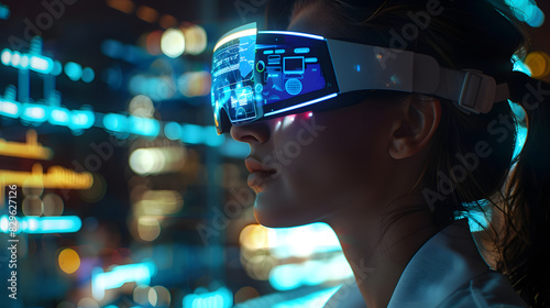 Close up of woman works at night in office using a VR headset with augmented reality screens with data. Future technologies concept