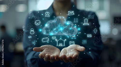 Businessman holding cloud computing with infographic and technology icons , Information technology innovation and transformation