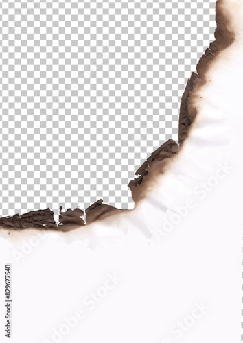 Burn in paper with brown edges and flames isolated on transparent background