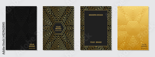 Set of ethnic covers, vertical templates. Collection of relief, geometric backgrounds with linear 3D pattern, golden texture. Ornaments, mandala, arabesques of the East, Asia, India, Mexico, Aztec