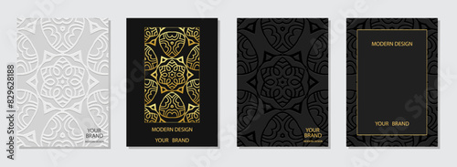 Set of ethnic covers, vertical templates. Exotic collection of relief, geometric backgrounds with 3D pattern, golden texture. Ornaments, mandala, arabesques of the East, Asia, India, Mexico, Aztec