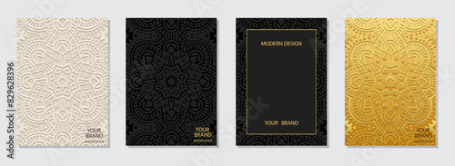 Set of ethnic covers, vertical templates. Fashionable collection of relief, geometric backgrounds with 3D pattern, golden texture. Ornaments, mandala, arabesques of the East, Asia, India, Mexico
