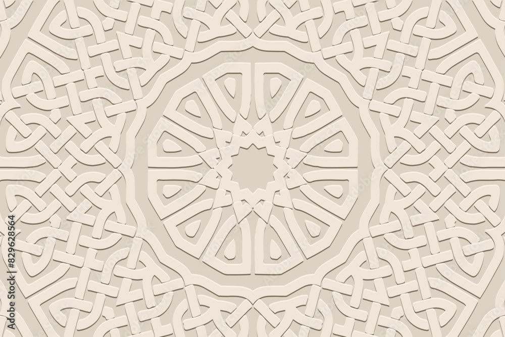 Embossed light background, tribal cover design, boho style. Geometric vintage exotic 3D pattern. Ethnic mandala, ornaments, arabesques, handmade East, Asia, India, Mexico, Aztec, Peru.
