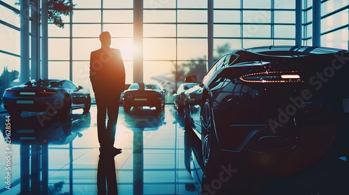 A luxury car dealer in a pristine showroom, presenting a high-end vehicle to a client, double exposure silhouette