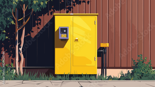 Yellow gas distribution cabinet near brown wall outdo