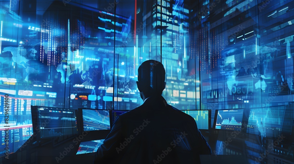 A stockbroker on a trading floor, surrounded by monitors displaying stock market data, double exposure silhouette