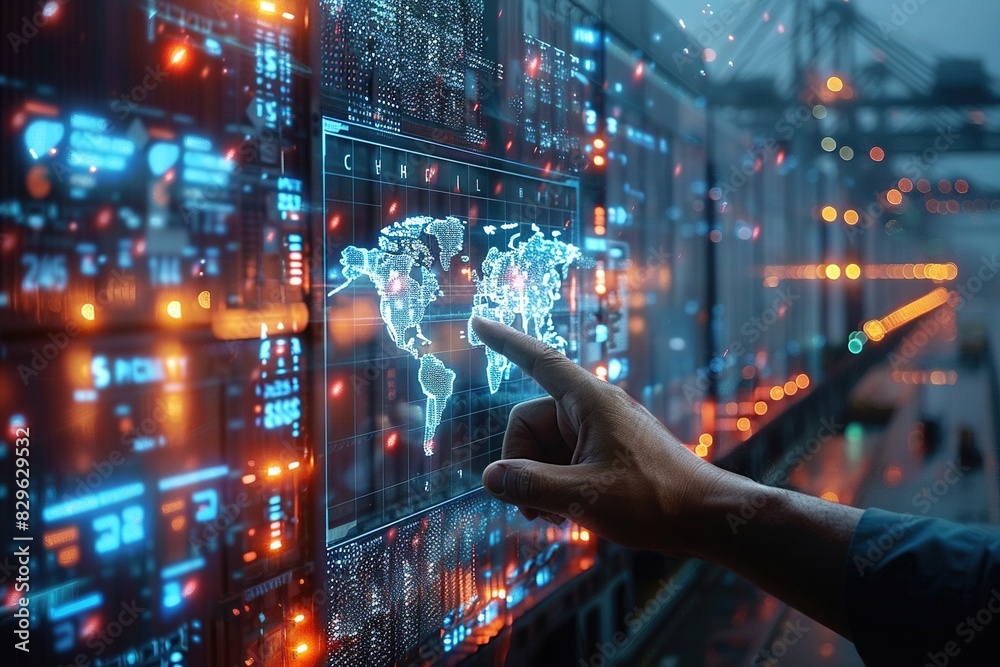 A hand interacts with a holographic world map projected onto a futuristic interface. The image evokes concepts of technology, globalization, and connectivity. A hand interacts with a holographic world map projected onto a futuristic interface. The image evokes concepts of technology, globalization, and connectivity.